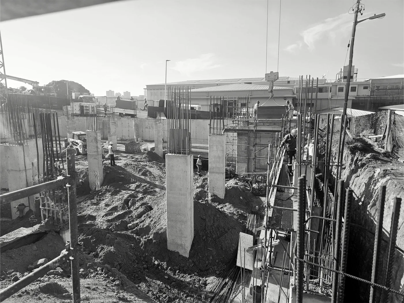 Concrete columns, reinforcement and temporary works across a construction site