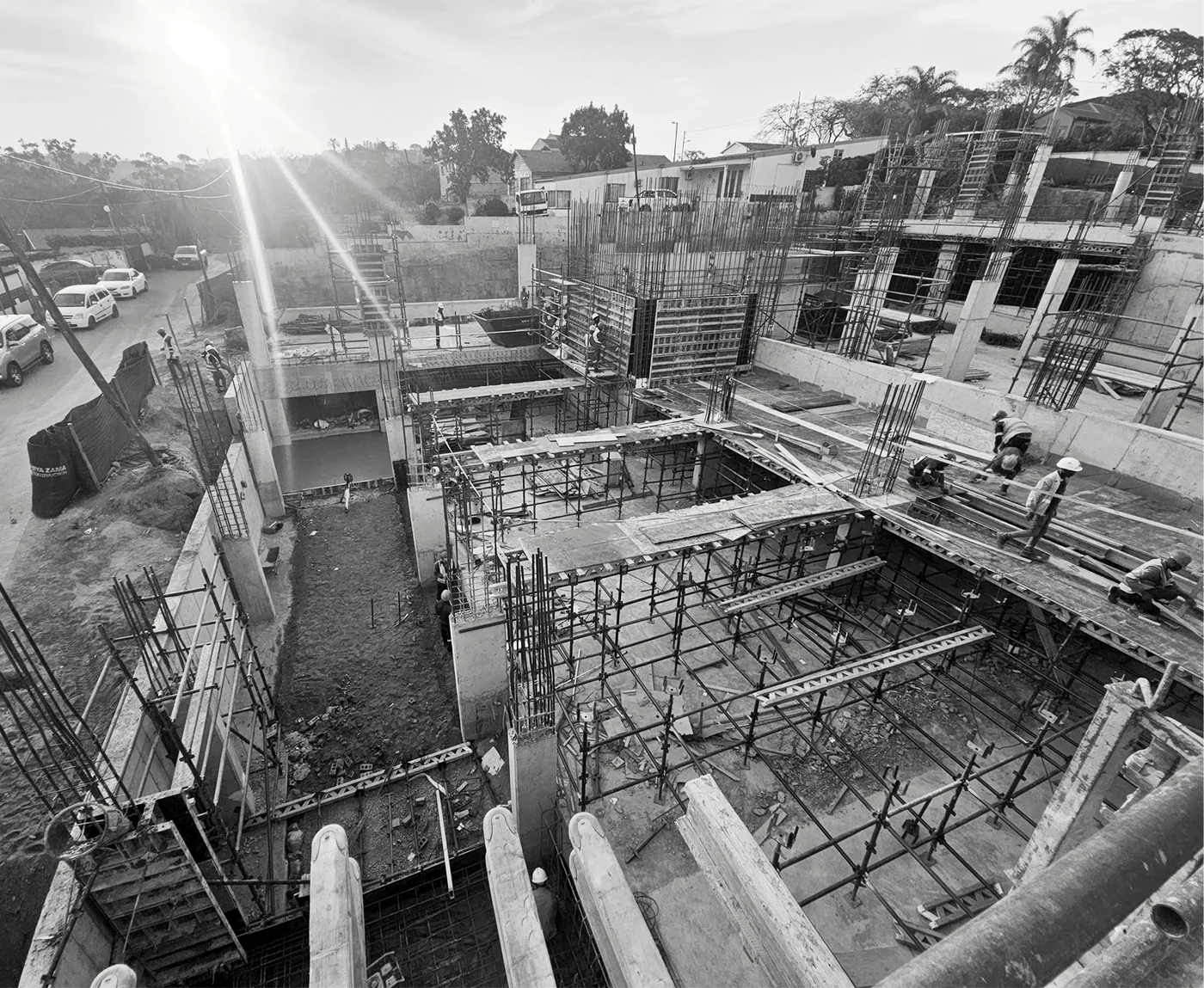 Elevated view across concrete formwork and temporary works