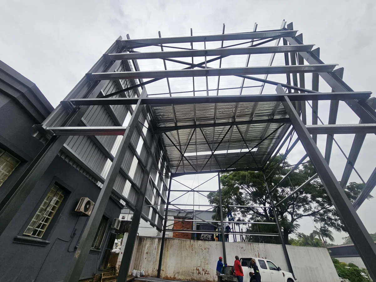 Structural-steel roof framing during construction
